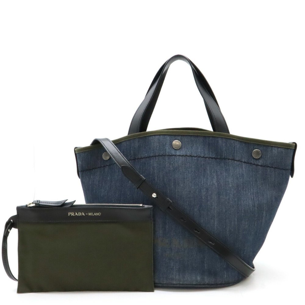 PRADA Prada Tote Bag Shoulder Denim Leather BLUE MIMETICO Khaki 1BG244